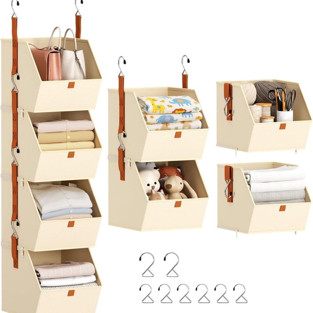 Over-the-Door Cream Hanging Storage Bins - Set of 4